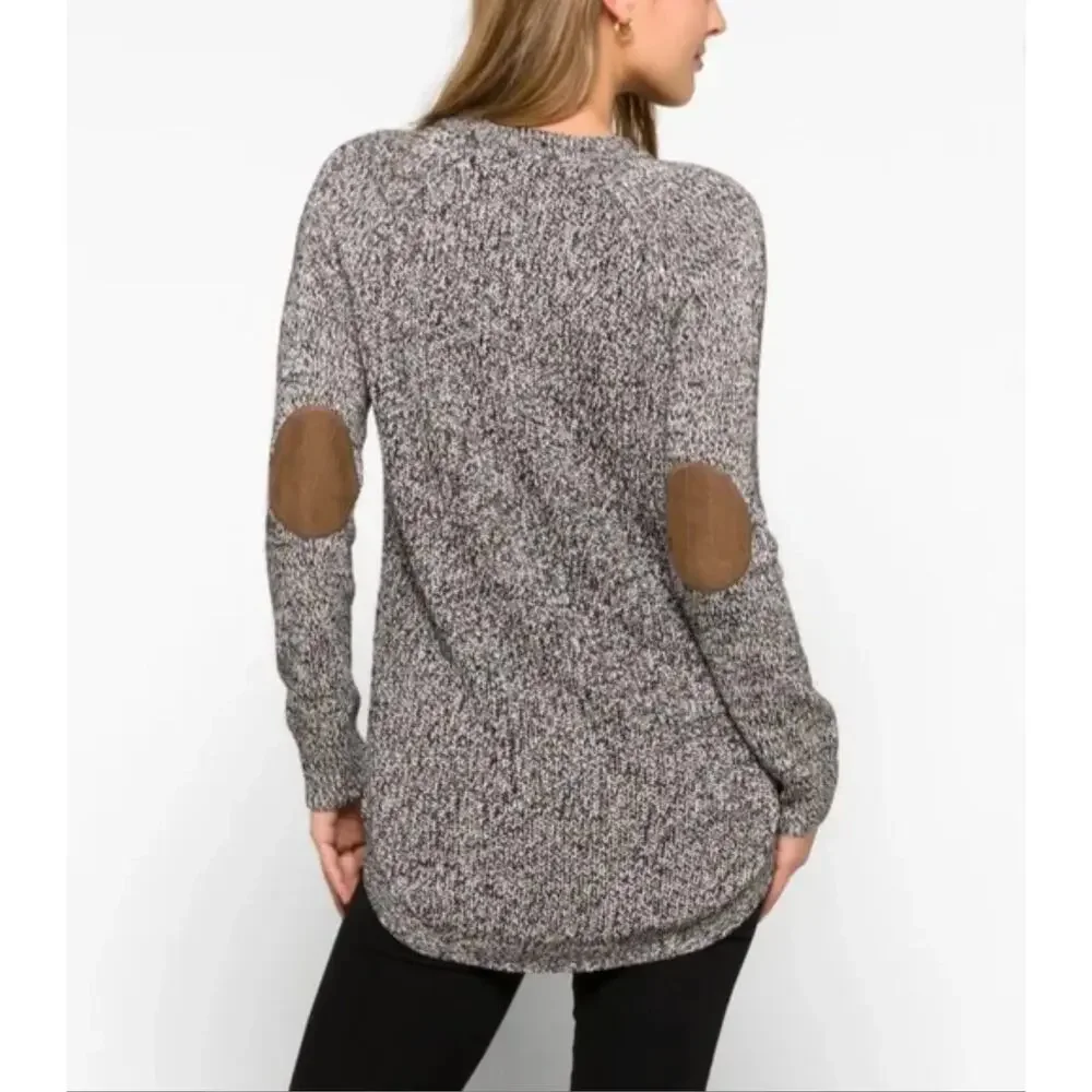 RD Style Rowca Grey Heathered Knit Sweater Brown Suede Elbow Patches Women's XXL - Picture 4 of 8